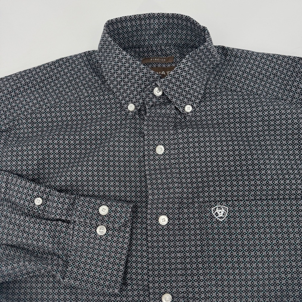 Ariat Mens Stretch Button Down Shirt Small Gray Geometric Diamond Long Sleeve